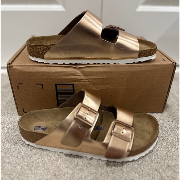 Birkenstock Arizona Soft Footbed Sandal Copper Leather Size 39 EU 8 L 6 M NWOB - Picture 2 of 12